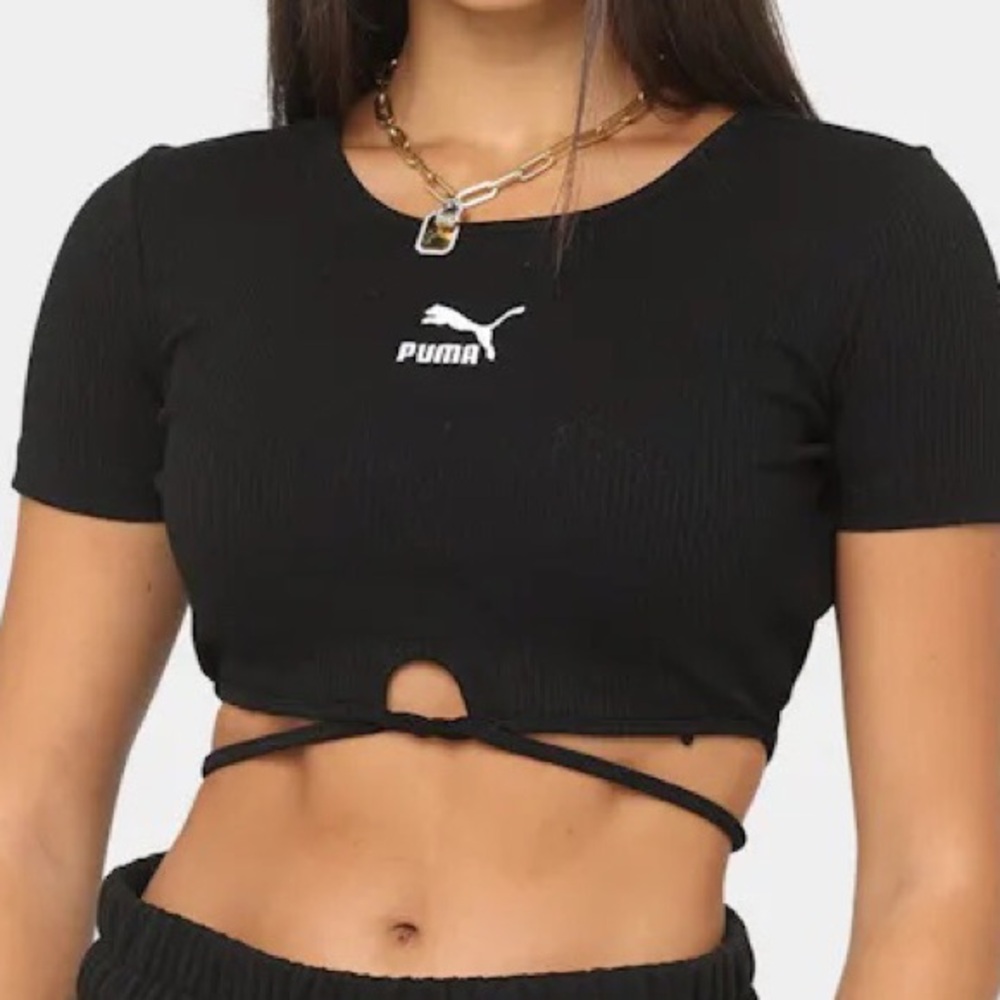 Puma classic logo crop top with tie waist